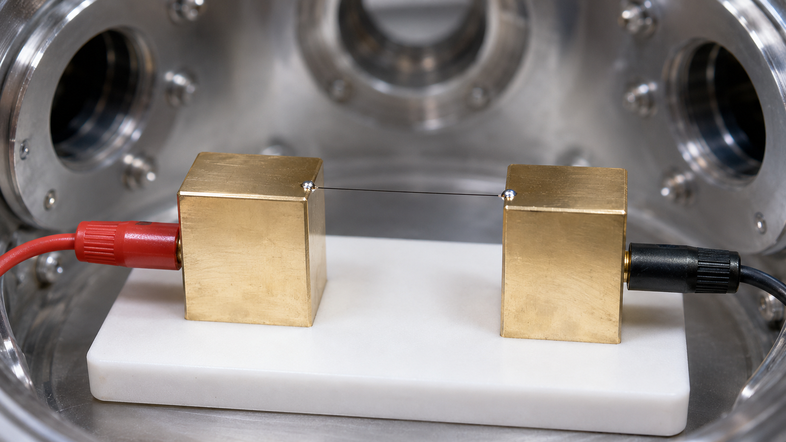 A suspended microscale fiber mounted across two electrodes inside a vacuum measurement chamber, probe tips in focus