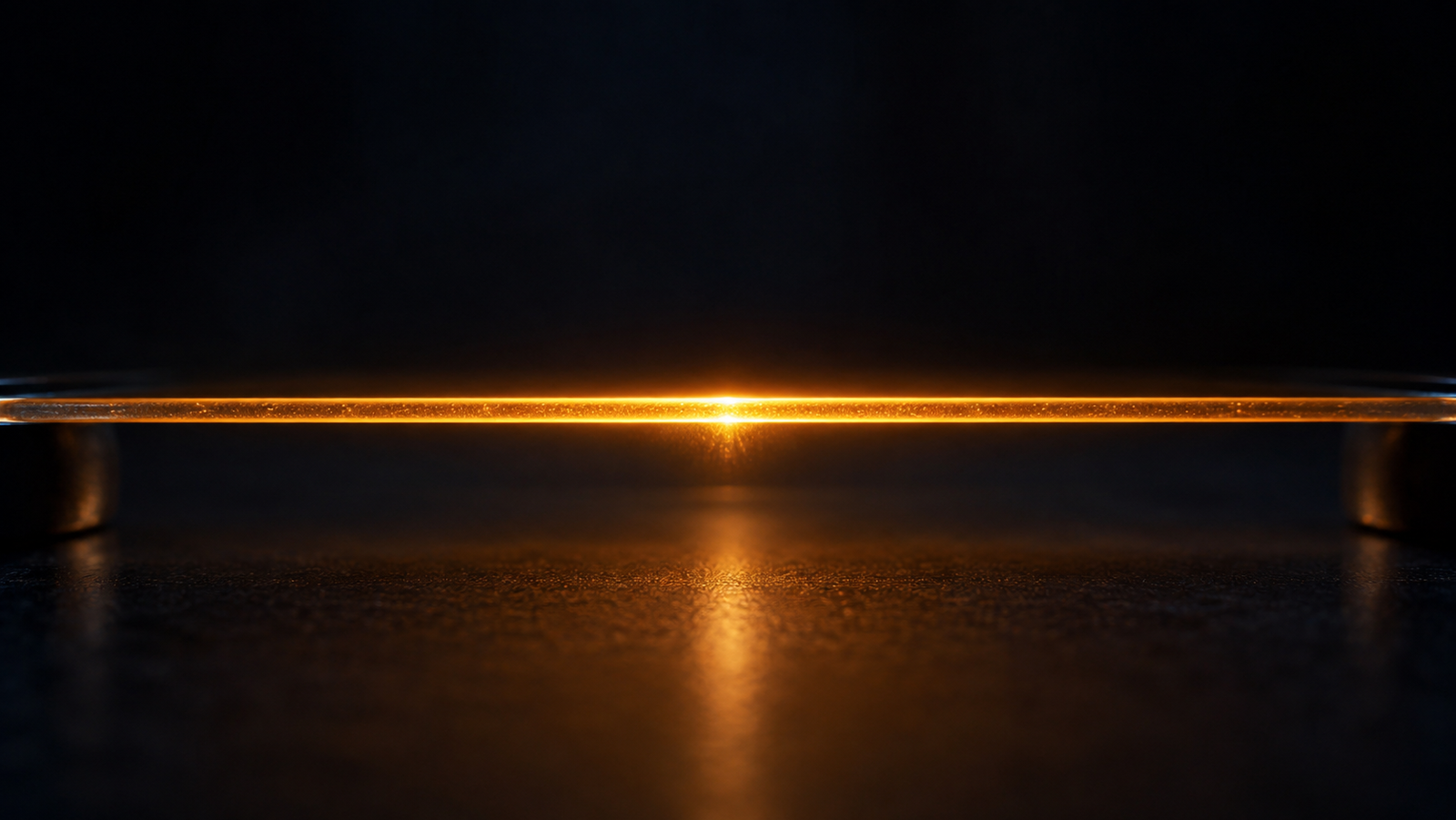 A slender luminous film suspended edge-on in darkness, heat rendered as light flowing through it two ways at once: along its length a fast bright river races freely, while through its thin thickness only a faint slow seep of glow crosses — one material, two speeds, drawn as two very different lights