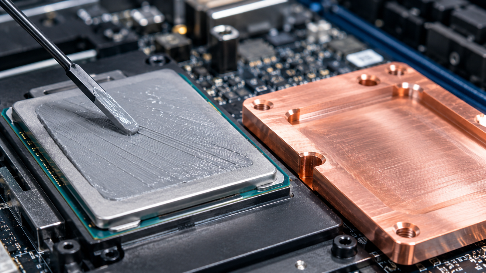 A thin layer of gray thermal interface compound being applied between a processor lid and a copper cold plate during assembly