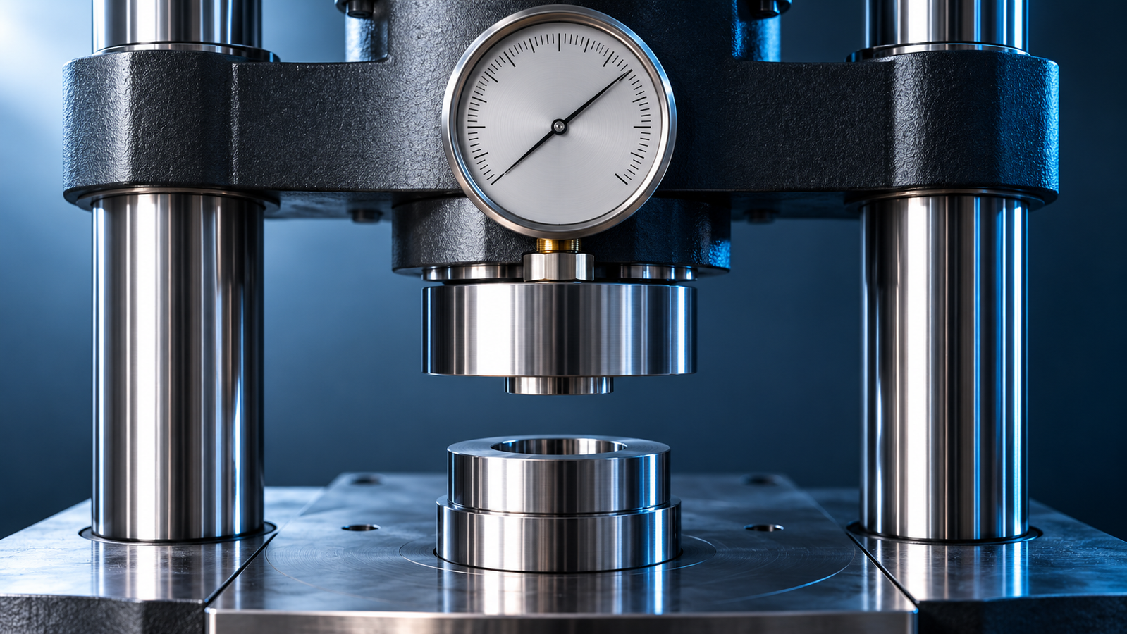 A hydraulic press pressure gauge with dual tonne and MPa scales above a small steel pellet die