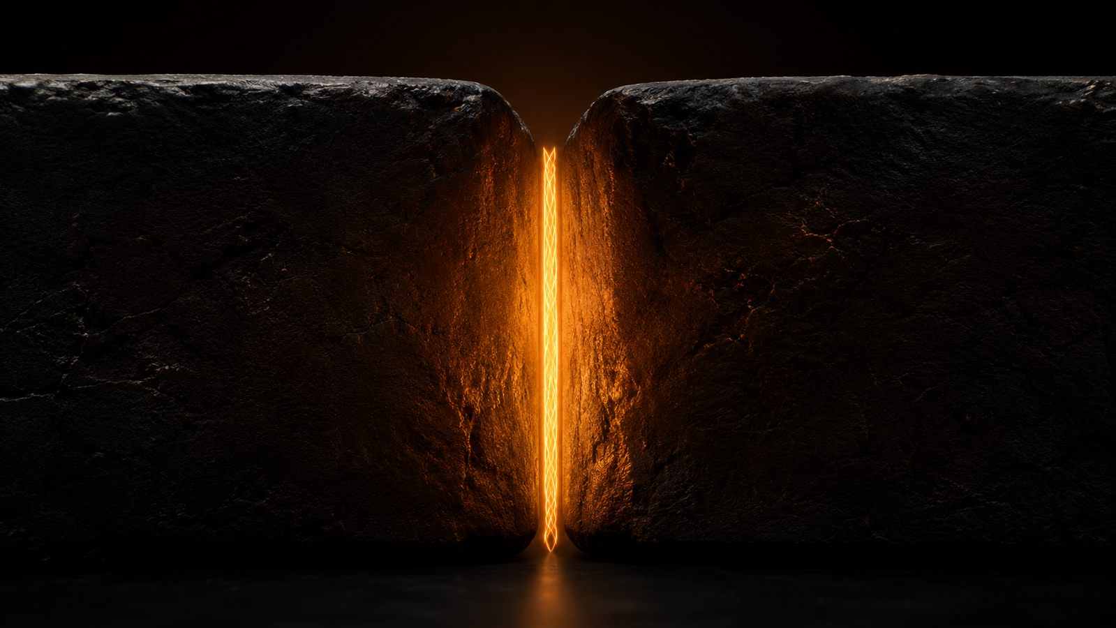 A delicate double-spiral filament glowing softly between two dark solid blocks pressed together, faint heat rippling outward into both