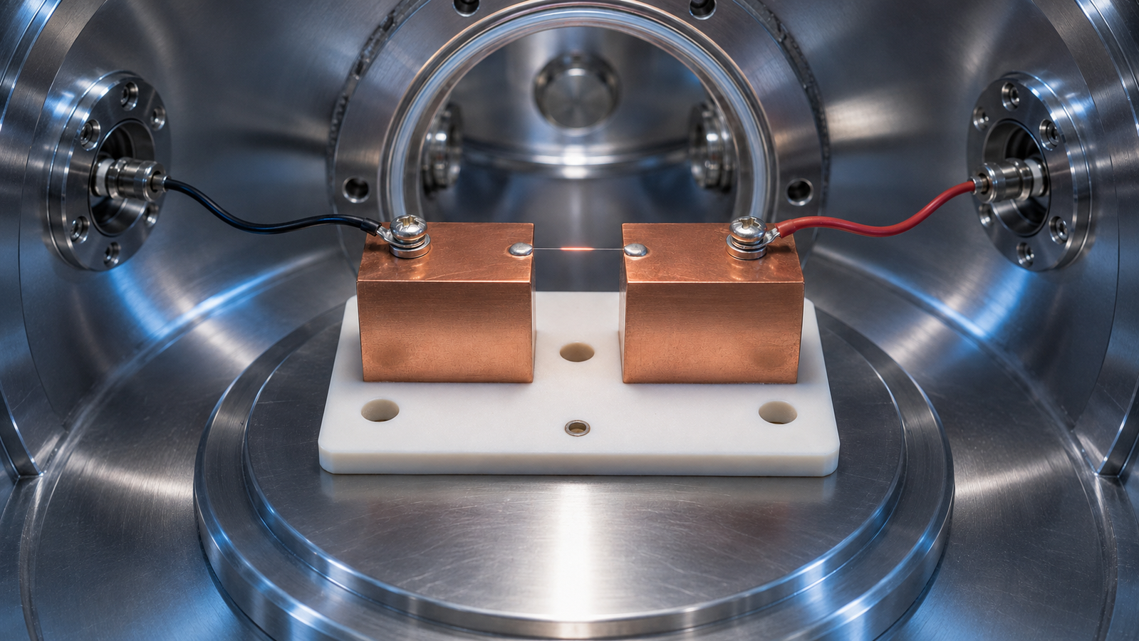 A micro-scale fiber suspended between two copper electrodes inside a vacuum chamber for transient electrothermal testing