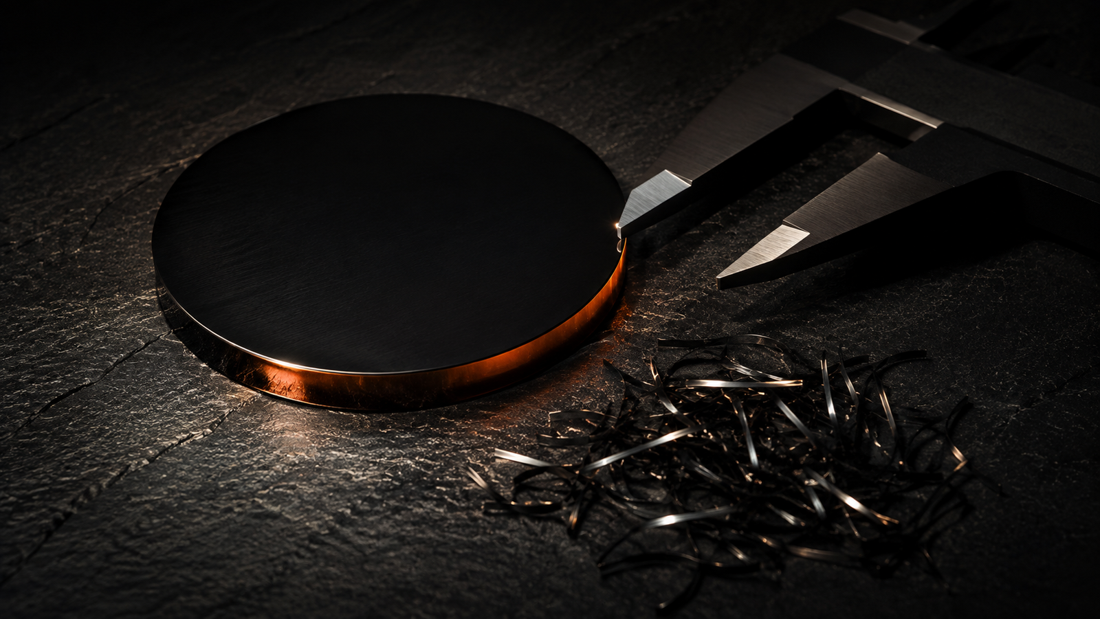 A dark benchtop tableau lit like a still life: a polished disc, a slender mounted fiber, a thin film on a carrier, and a small block — each specimen resting on its own pool of soft light, tools set aside, everything immaculate and waiting