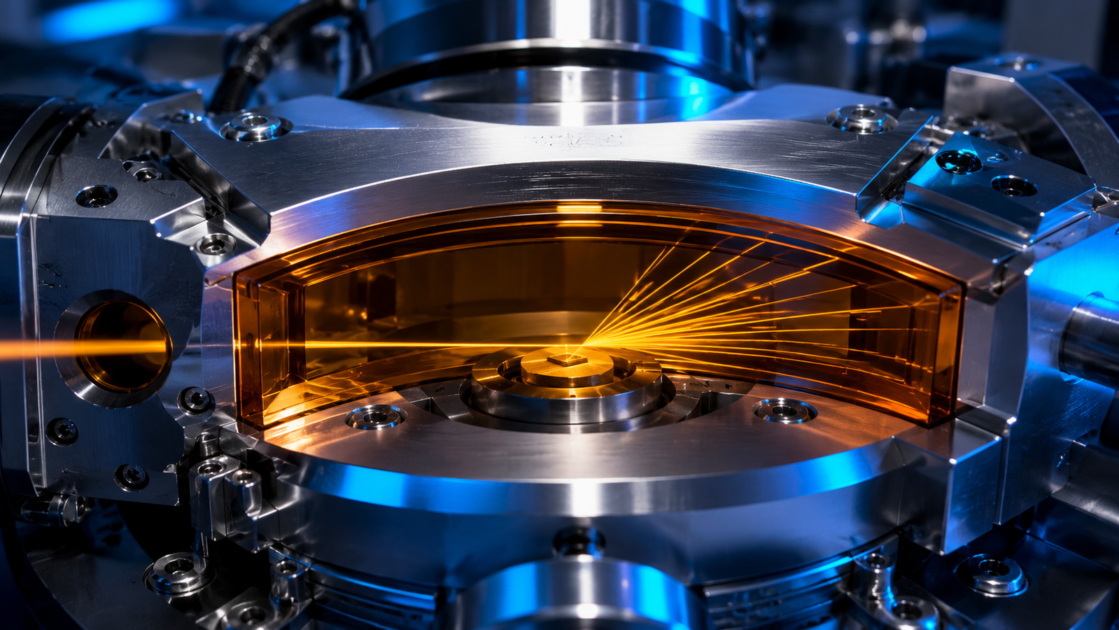 Close-up of an XRD heating stage with a curved Kapton arc window: amber polyimide film spanning the two-theta opening while incident and diffracted X-ray beams pass through