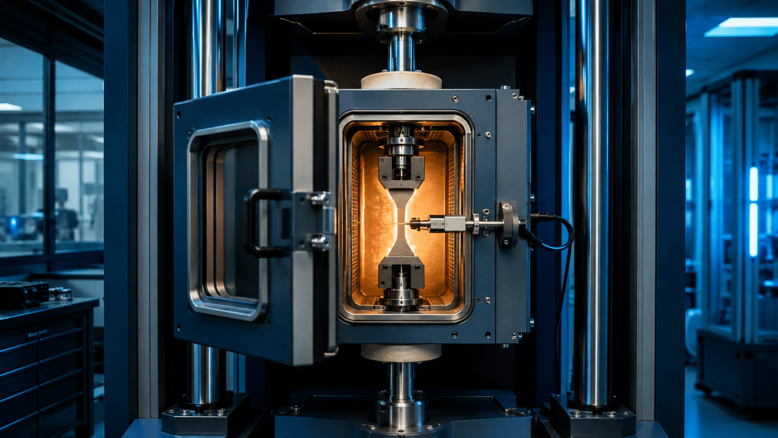Environmental temperature chamber mounted on a universal testing machine with pull rods entering the enclosure and a specimen visible through the window