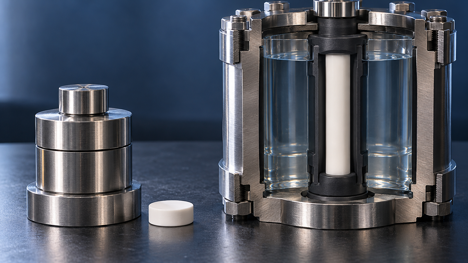 A steel pellet die with a short ceramic disc beside a cutaway isostatic pressure chamber holding a long ceramic rod in a sealed rubber mold surrounded by liquid