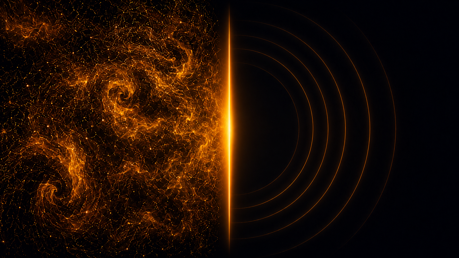 An incandescent amber filament suspended vertically, brightest at mid-span: on its left, a swirling golden storm of gas molecules in turbulent convection eddies; on its right, the storm vanishes into absolute black vacuum where only faint concentric radiation ripples remain