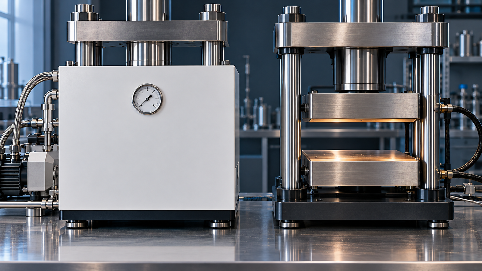 A laboratory hot press with its platens enclosed in a sealed white chamber with a vacuum gauge, next to an open platen hot press of the same size on the same bench
