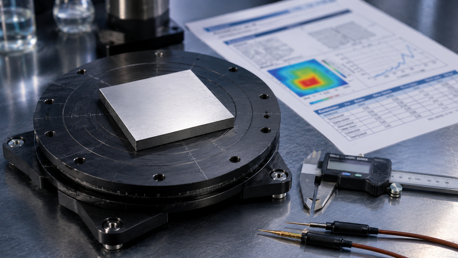 A heat spreader sample on a precision test stage beside a datasheet printout, calipers and probes in the foreground