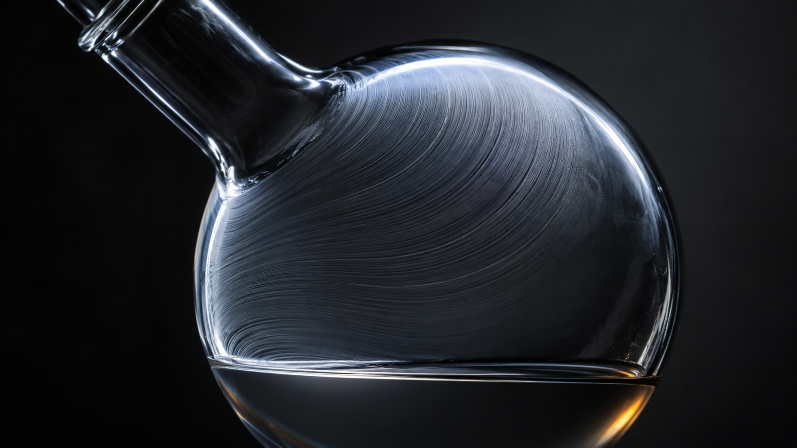 Thin solvent film spread across the inner wall of a rotating flask, with a clear boundary where the film meets the pool below