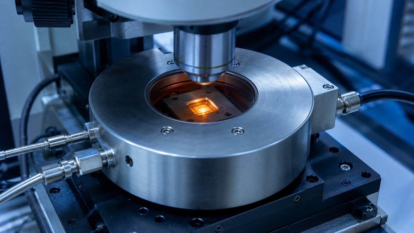 Compact temperature-controlled in-situ stage with a viewing window mounted under a microscope objective, sample glowing inside the chamber