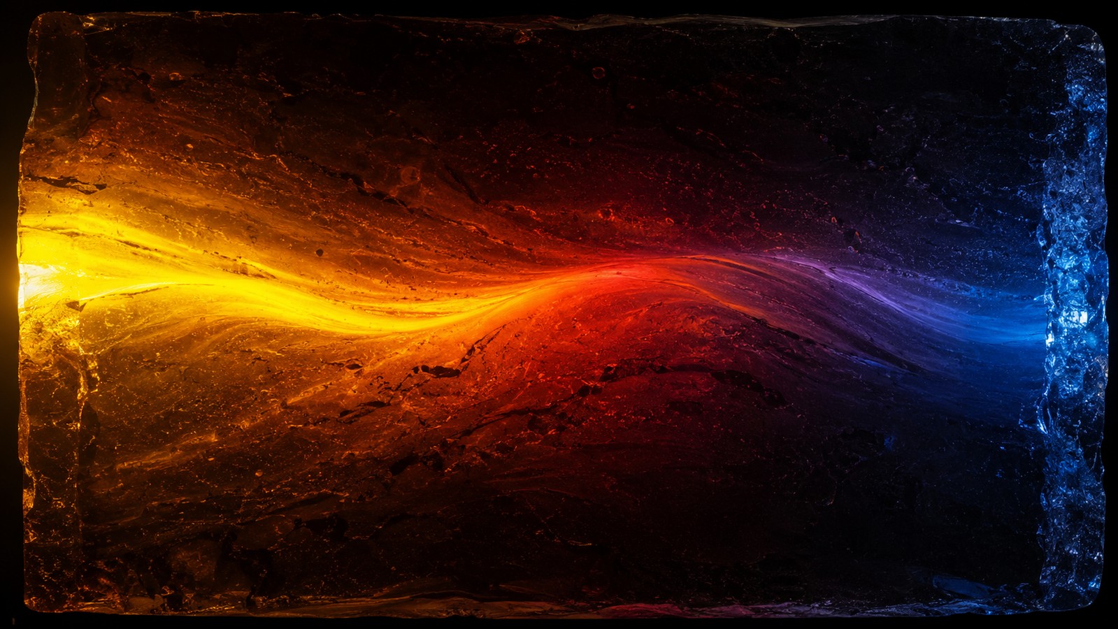 A dark slab in cross-section with a wave of warm golden light penetrating from one face, its brightness grading smoothly into cool deep blue toward the far face