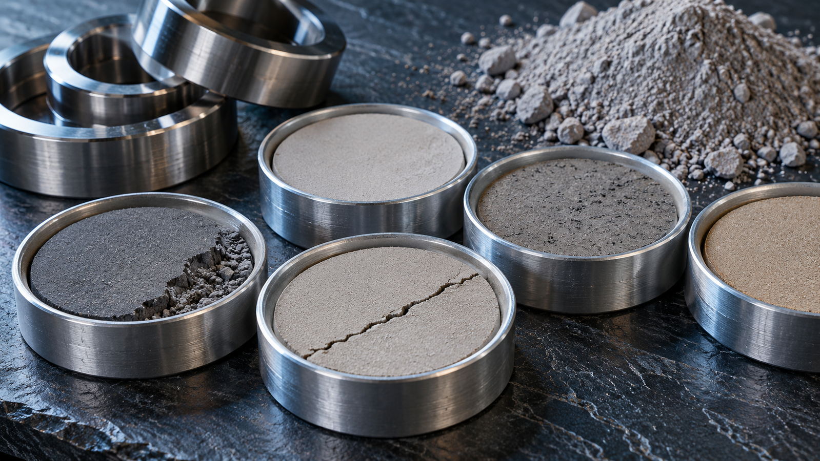 A row of pressed powder pellets for XRF in aluminum cups on a dark bench, one with a crumbled edge and one cracked across, beside a stack of steel rings and a small pile of fine gray rock powder