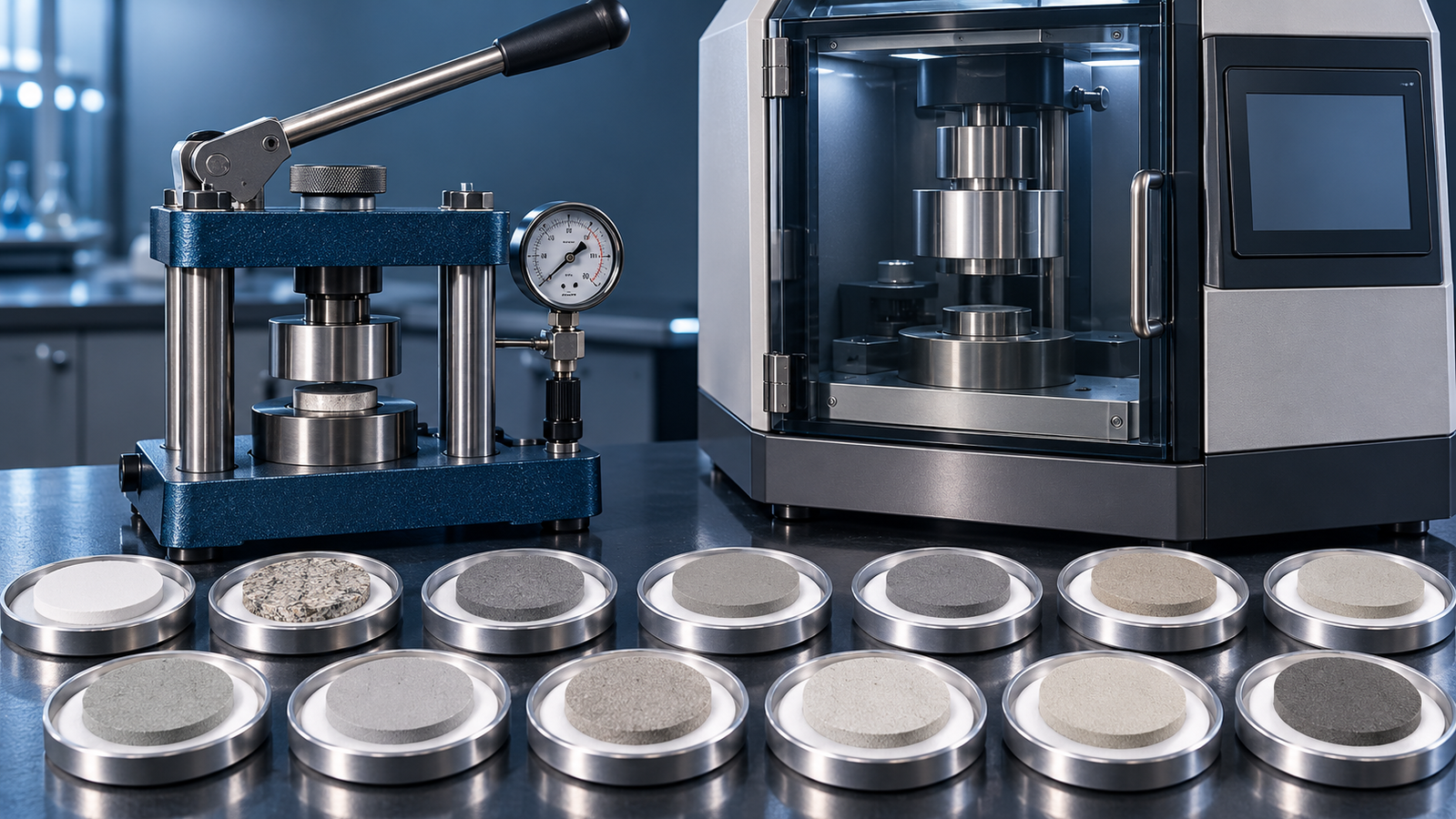 A manual XRF pellet press with a hand lever and pressure gauge beside an automatic XRF press with a touch screen and safety door, with pressed powder pellets backed by boric acid in the foreground