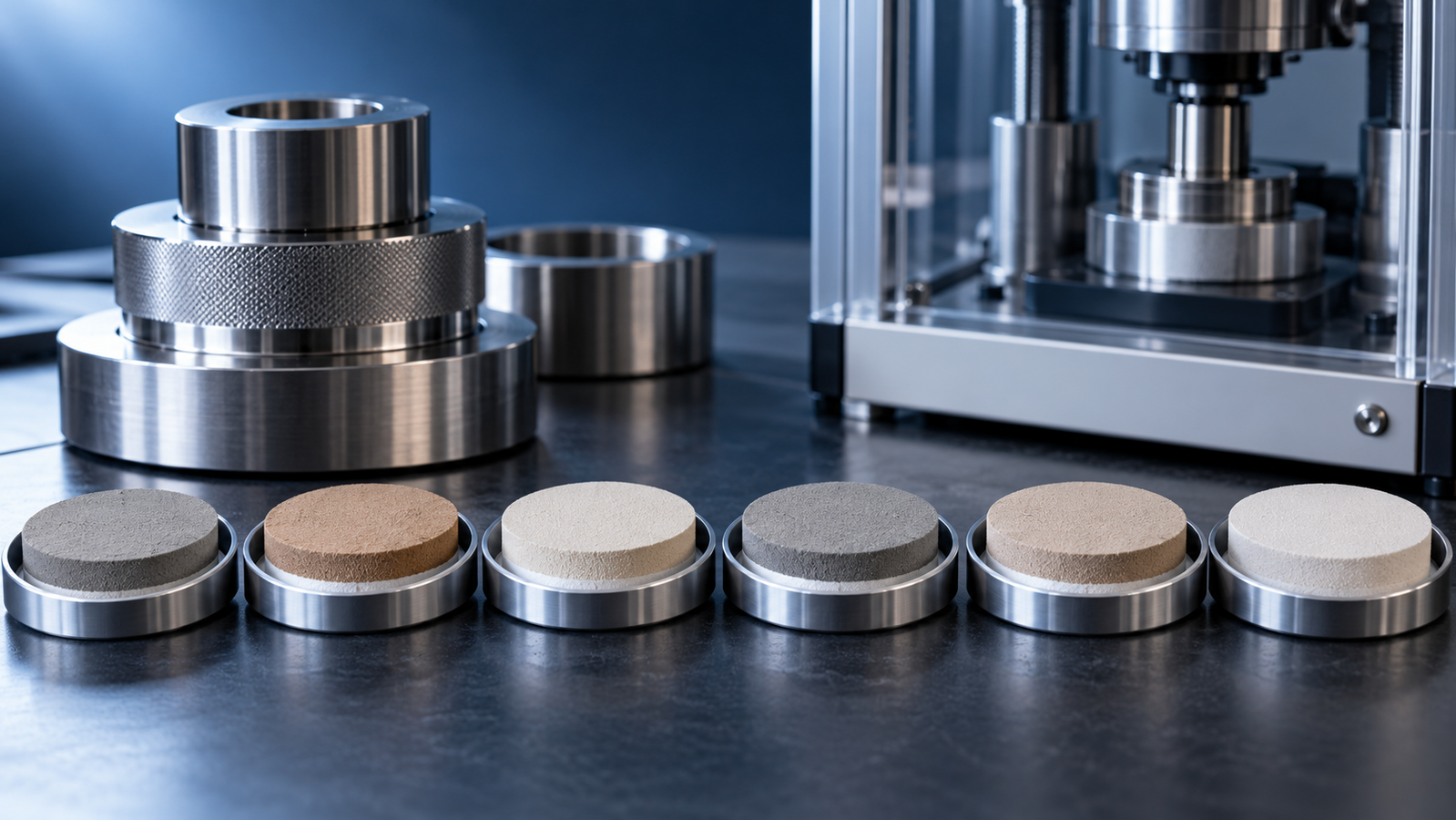 A row of 40 mm pressed powder pellets in aluminum cups and boric acid backing beside a steel XRF die and an automatic pellet press