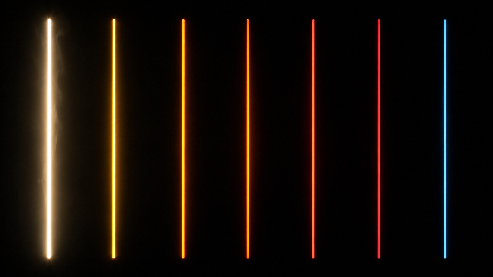 A row of identical straight taut wires glowing from white-hot through orange ember down to one calm pale-blue pristine wire on a black background