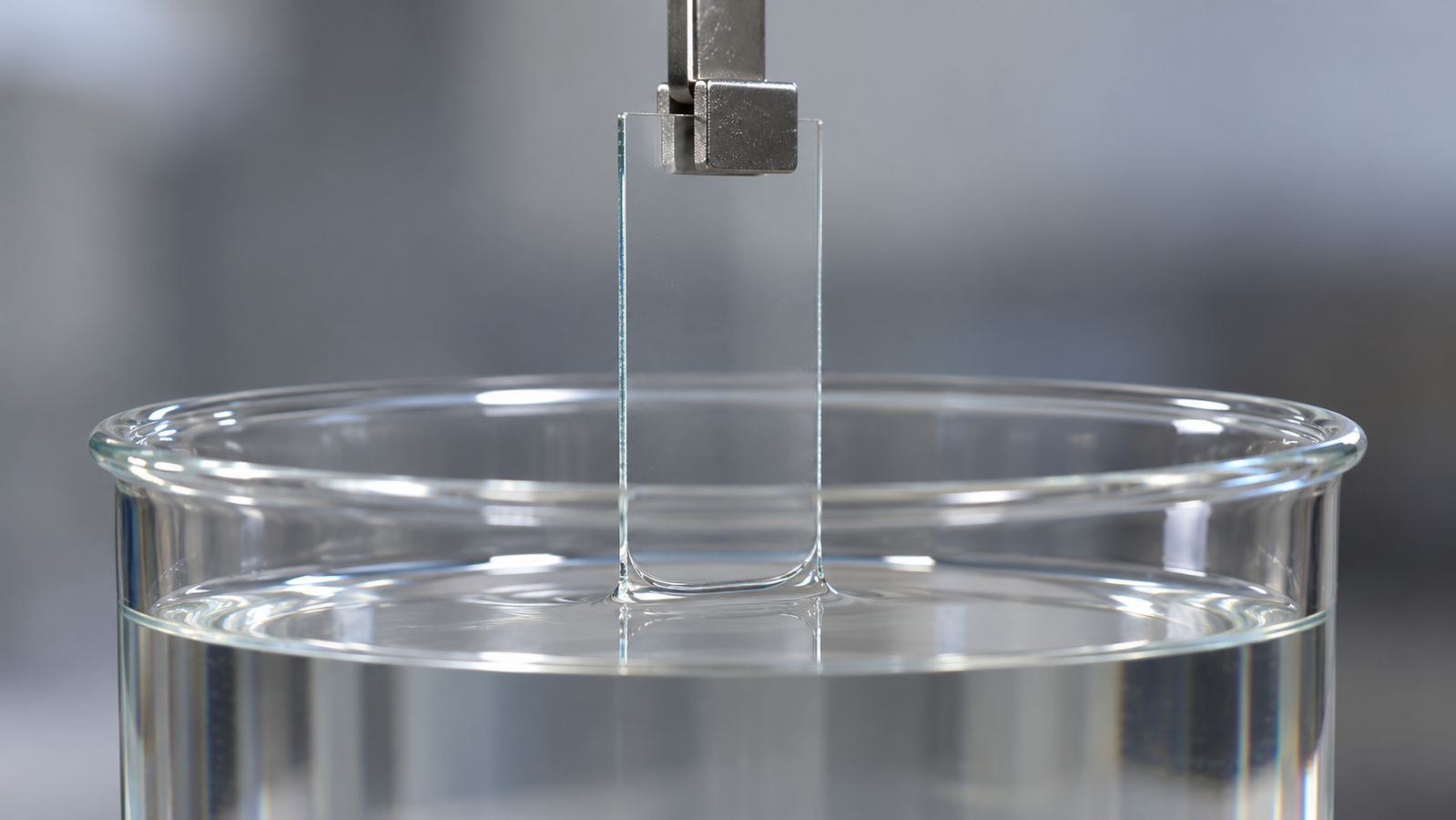 A glass slide held vertically by a clamp and drawn straight up from a glass container of clear coating liquid, with a smooth meniscus where the slide leaves the bath