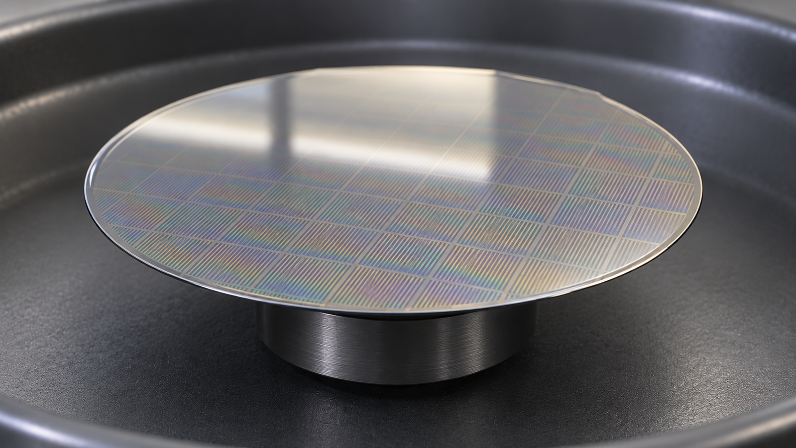 A silicon wafer with a fine developed photoresist line pattern under a thin film of liquid