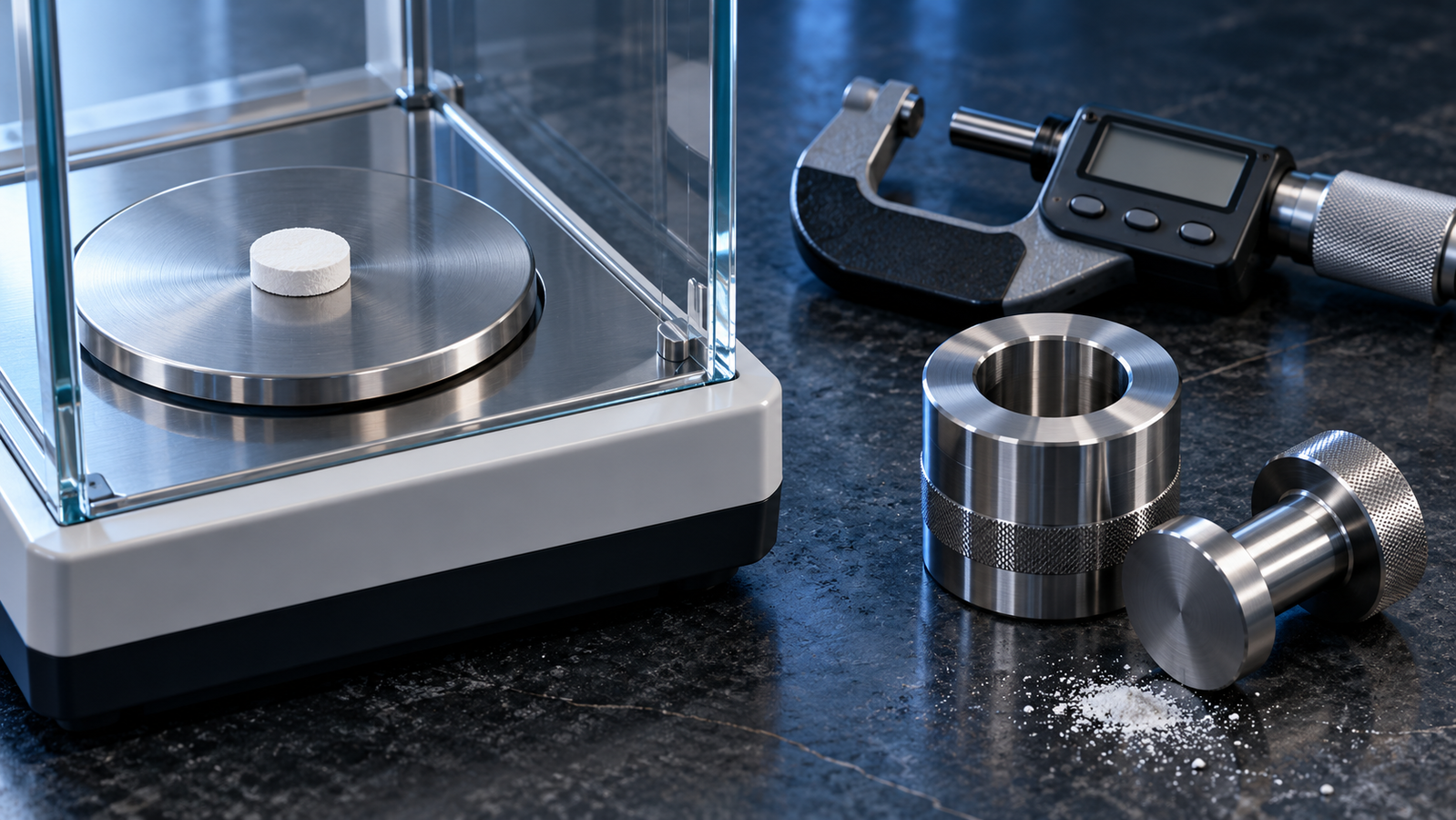 A pressed white powder pellet on the pan of an analytical balance beside a micrometer and a steel pellet die on a laboratory bench