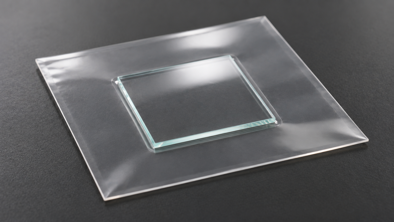 Coated glass sample vacuum-laminated between two clear polymer films with a heat-sealed margin