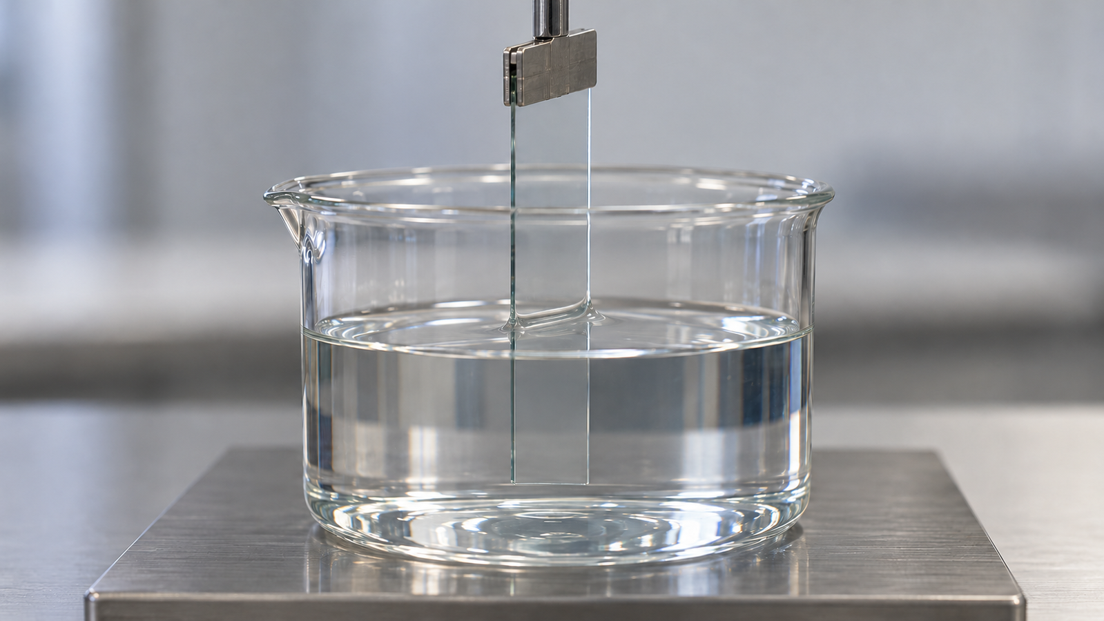 A glass slide held vertically by a clamp and drawn slowly straight up from a beaker of clear solution standing on a flat metal base, with a smooth meniscus where the slide leaves the liquid