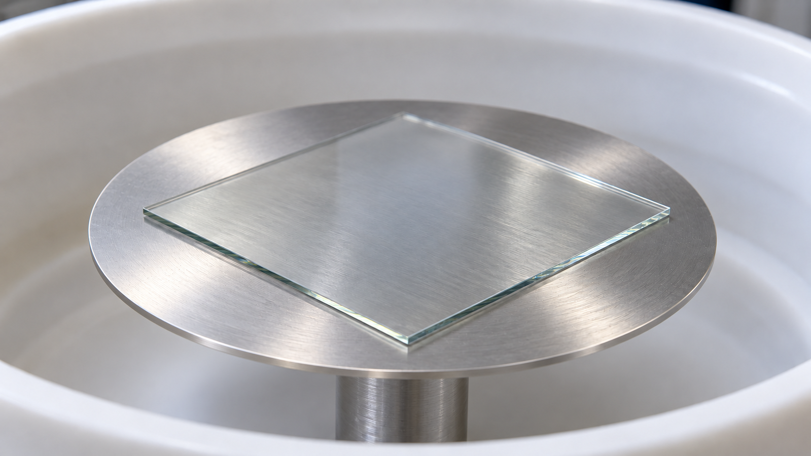 Square glass substrate centred on the flat heated spin table of a heated spin coater