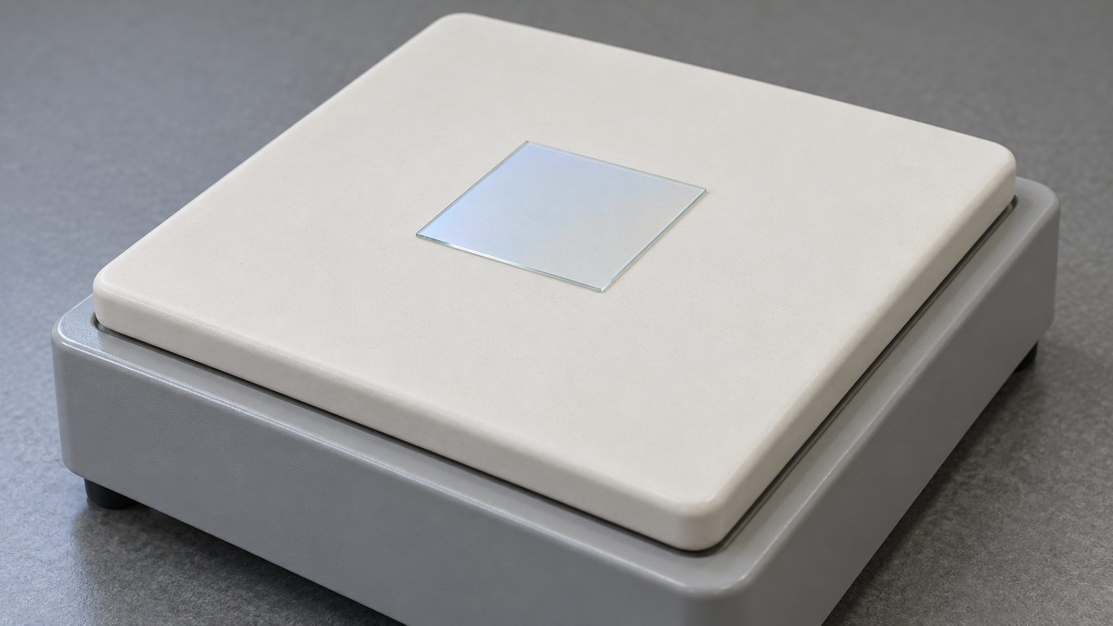 A coated glass substrate on a square ceramic-surfaced high-temperature hot plate in a plain laboratory setting