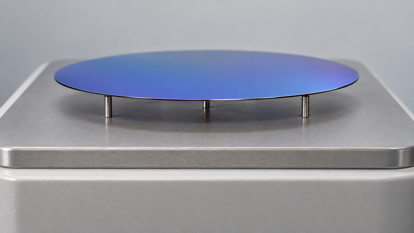 A coated silicon wafer resting on raised pins just above a square hot plate, with a gap visible underneath
