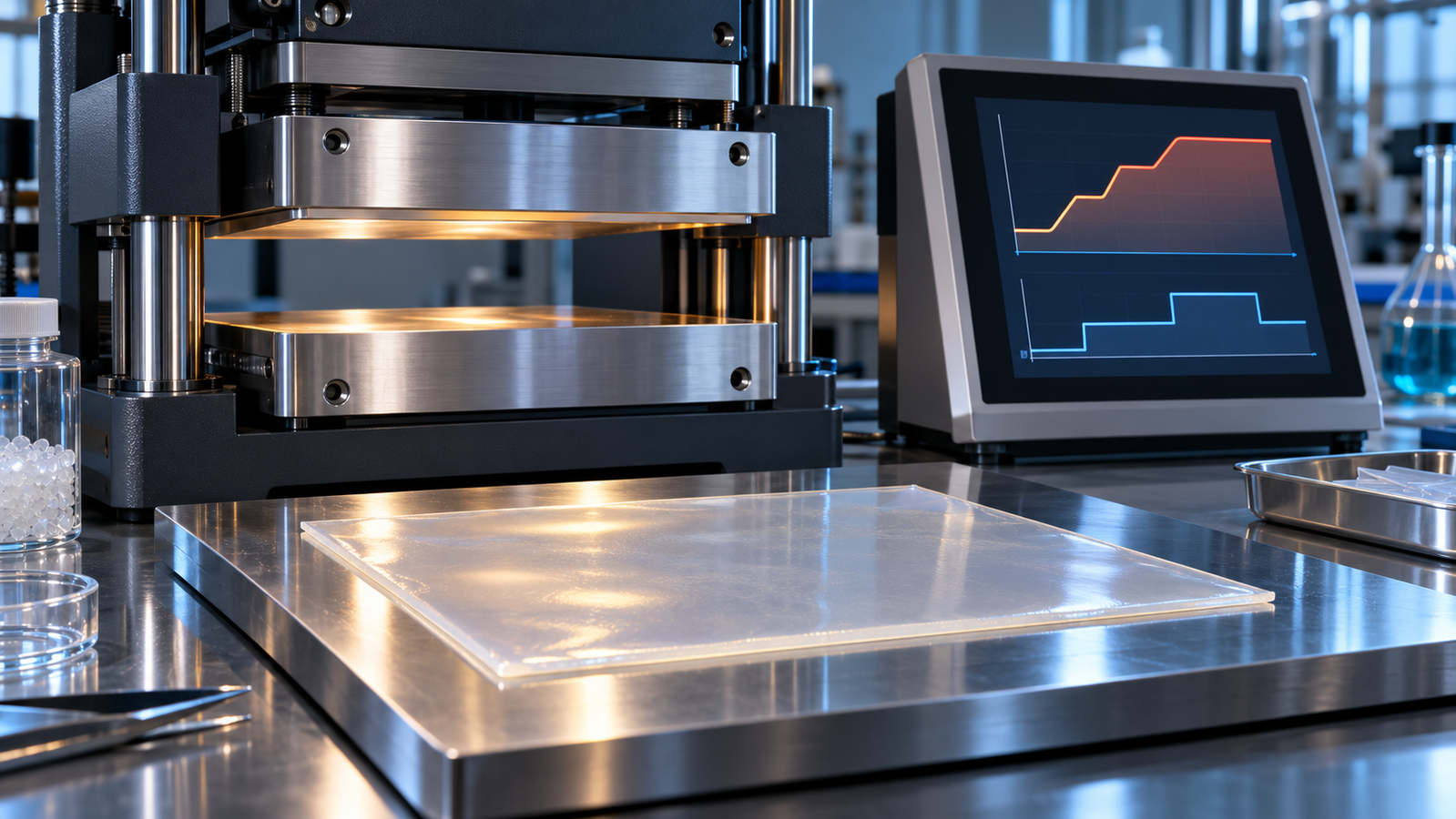 A laboratory dual-platen hot press with its touch-screen controller showing a temperature curve and pressure steps, and a pressed polymer sheet cooling on a metal plate