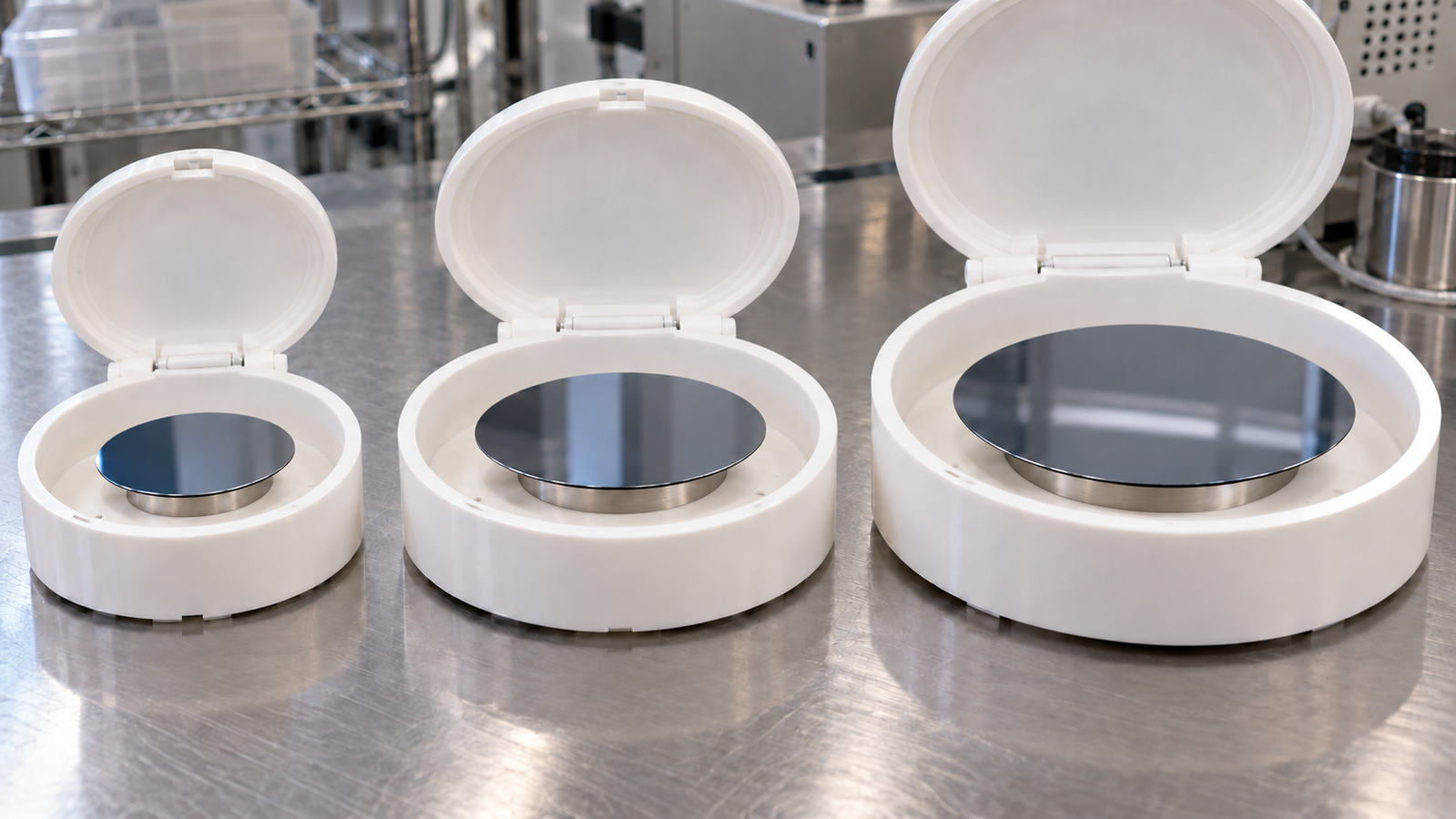 Three silicon wafers of different diameters lying flat on vacuum chucks inside spin coater bowls with their lids open, arranged from small to large on a laboratory bench