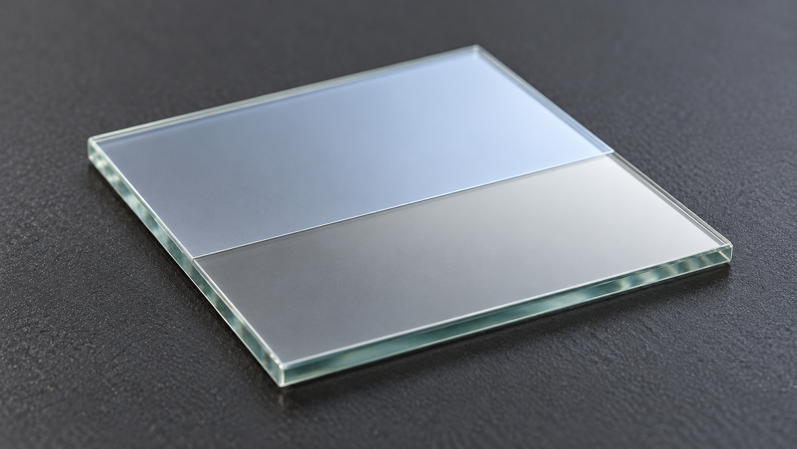 A thin coated film on a glass substrate with a sharp cut edge showing a step down to the bare glass