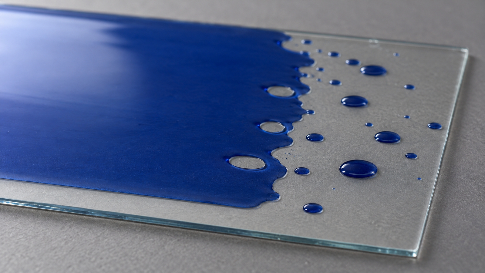 A thin dark-blue ink film on a glass plate breaking up into holes and droplets as it pulls back from the bare glass