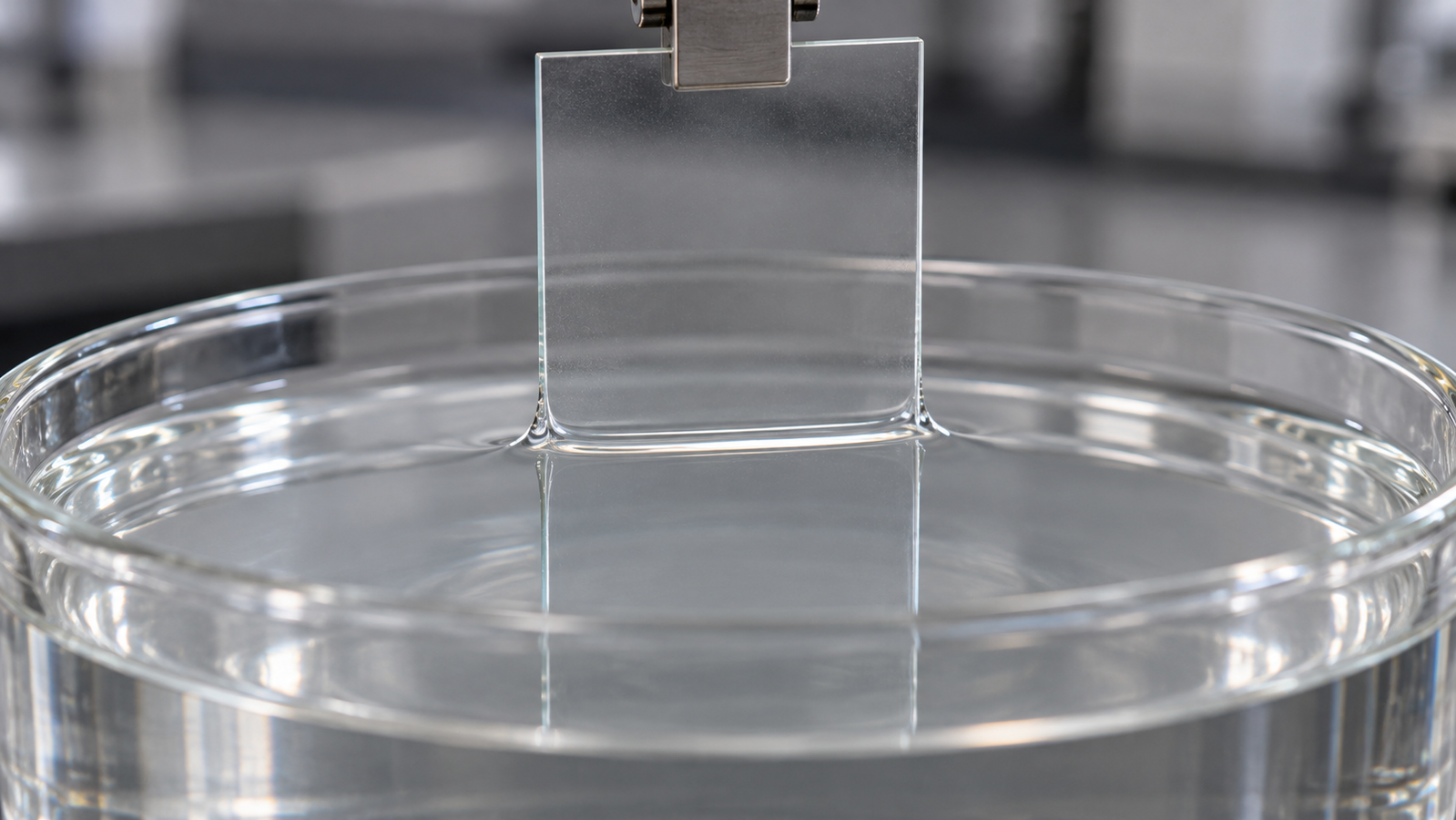 Close-up of a flat glass plate held vertically by a clamp and drawn straight up out of a clear liquid bath, showing the small smooth meniscus at the liquid line and a faint liquid film on the plate
