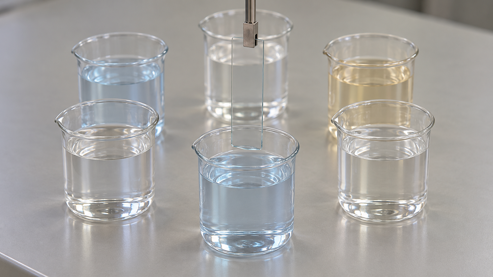 Six clear glass beakers arranged in a circle, some holding faintly tinted solutions and others clear rinse water, with a glass slide held vertically by a clamp above one of them