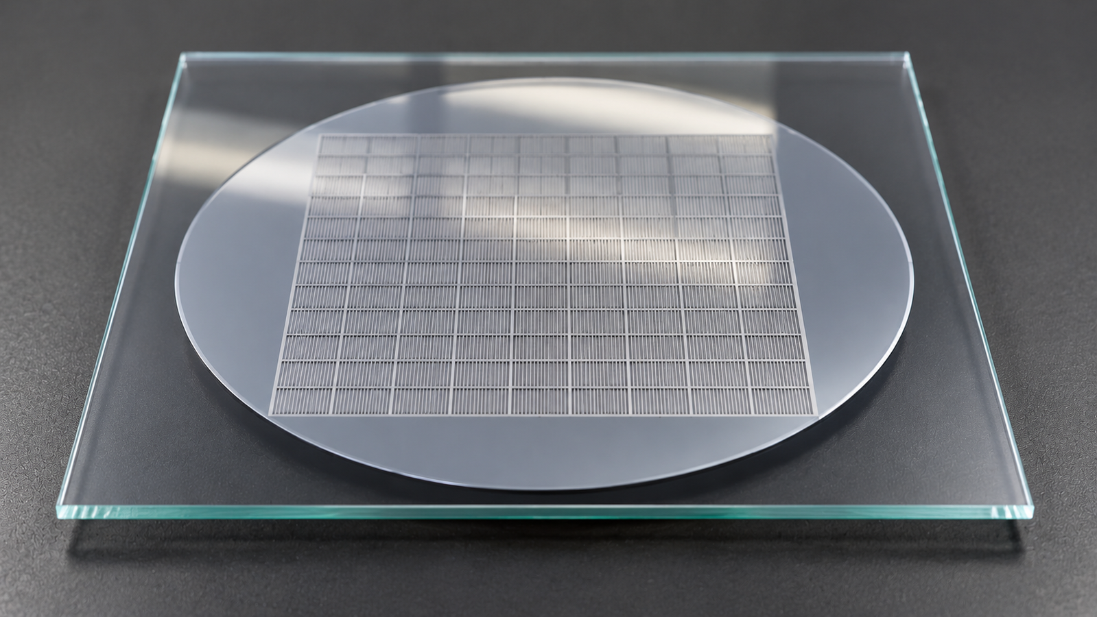 Chrome-on-glass photomask resting flat on a resist-coated silicon wafer for contact exposure