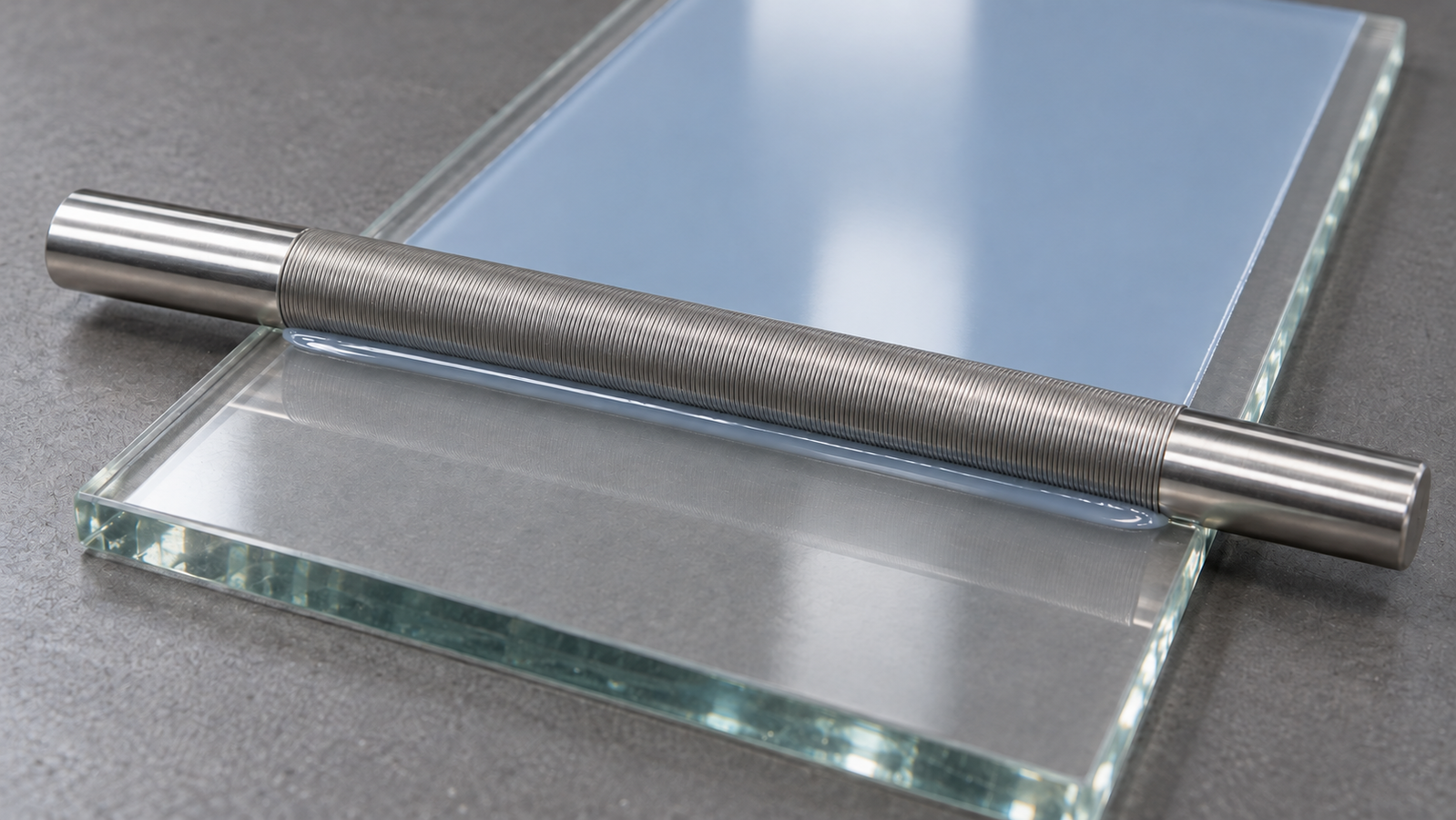A plain wire-wound metal rod resting on a glass plate, leaving a smooth wet film behind it