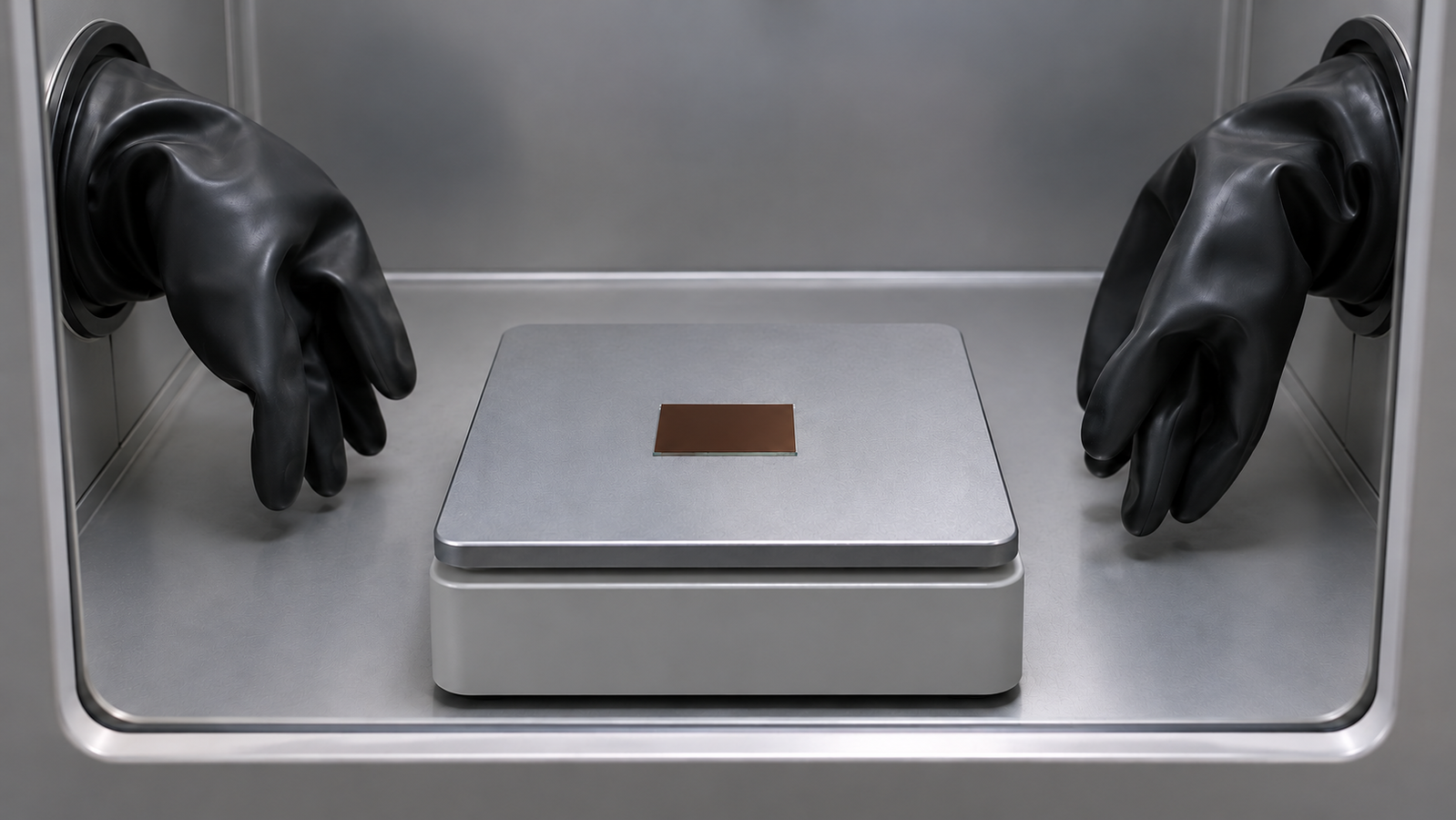 A compact square hot plate with a coated glass substrate inside a glovebox, seen through the window, with the black glovebox gloves reaching in