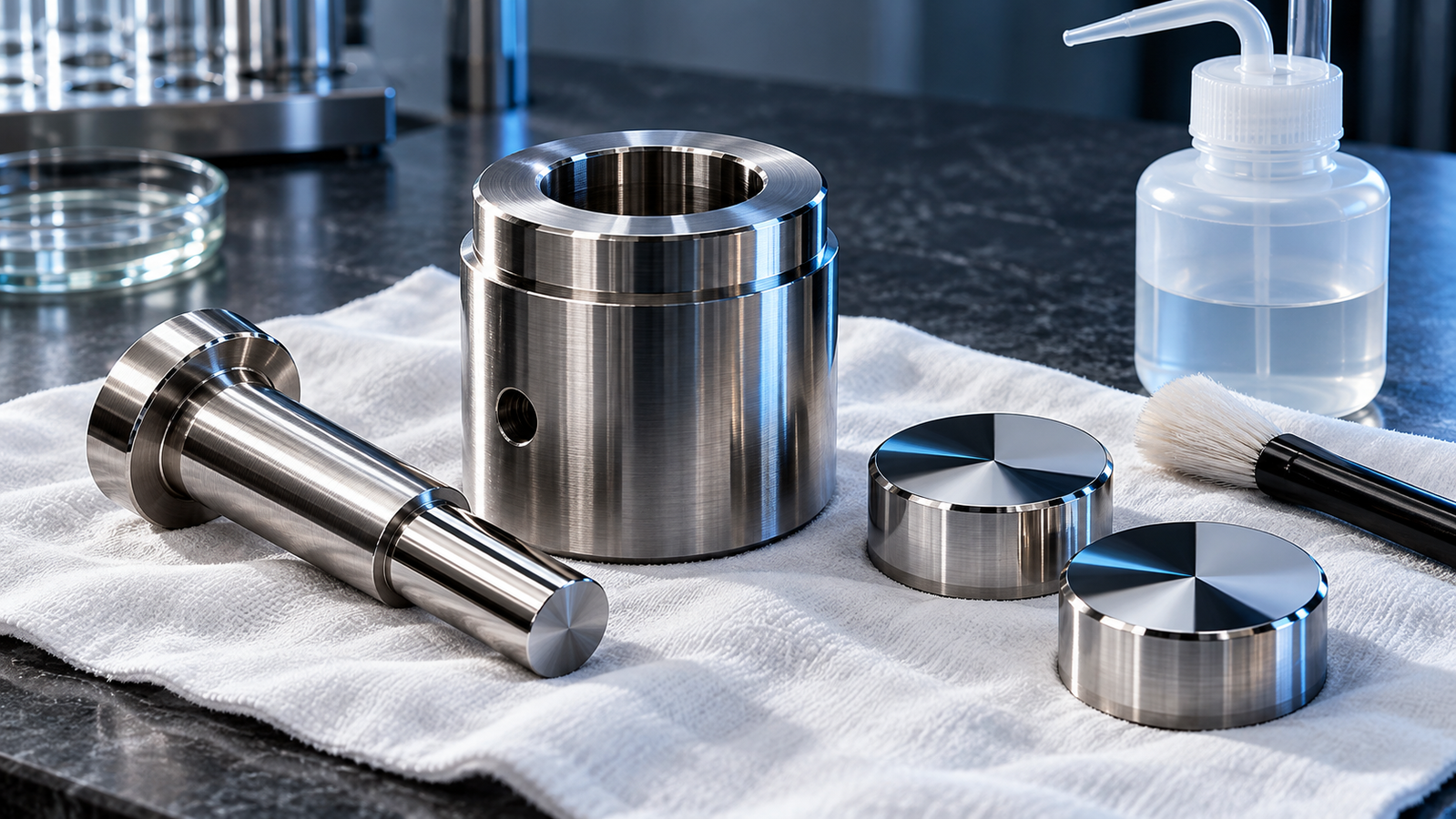 A disassembled steel pellet die laid out on a lint-free cloth: die body, plunger and two polished anvils, with a wash bottle and a small brush beside them