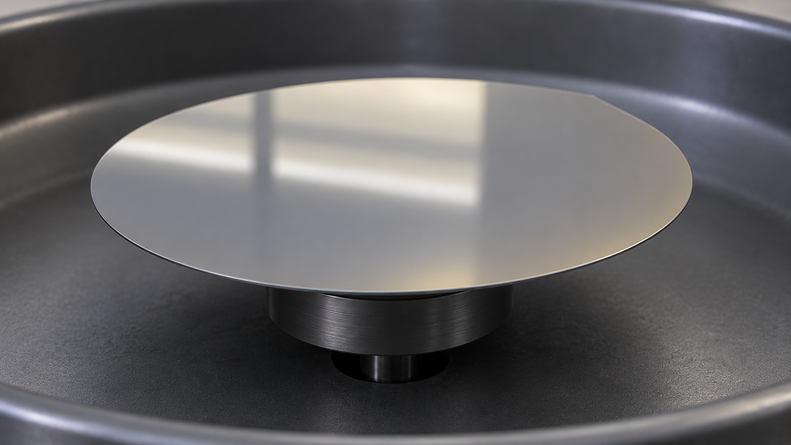A photoresist-coated silicon wafer on the small vacuum chuck inside the catch bowl of a spin coater
