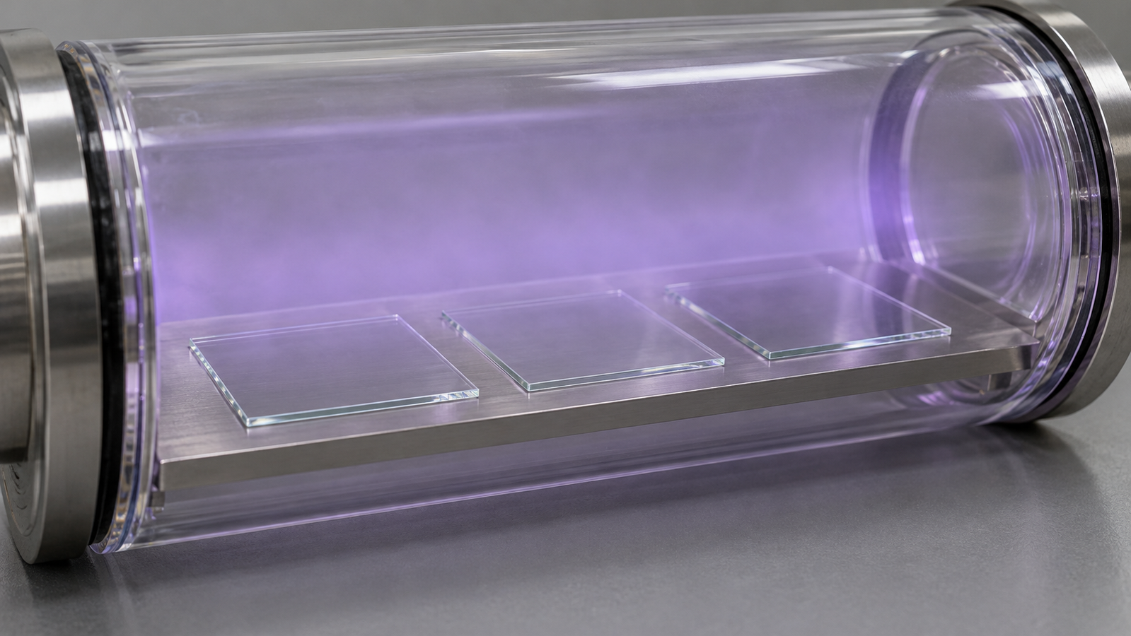 Three thin glass plates on a metal shelf inside a horizontal cylindrical glass chamber filled with a soft pale-violet plasma glow