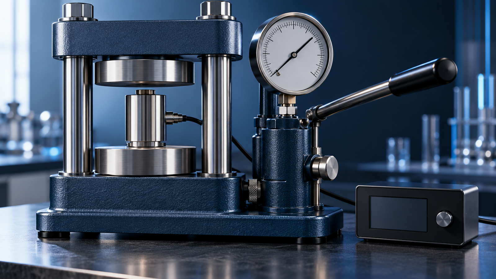 A laboratory pellet press with a round pointer pressure gauge, a reference load cell and its readout placed between the press platens on a bench