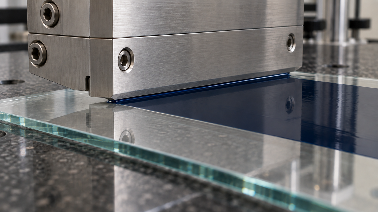 Close-up of a slot-die head laying a uniform wet film of dark ink onto a glass plate on a granite stage, with the liquid bead visible in the narrow gap