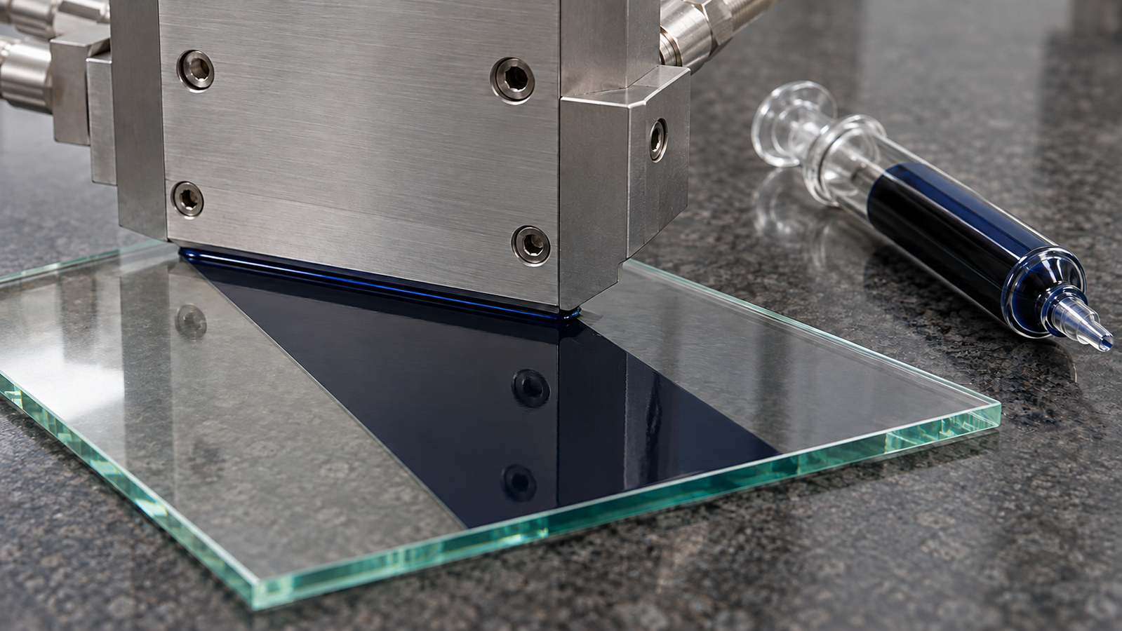 A slot-die block above a glass plate on a granite surface with a thin liquid bead in the gap, beside a glass syringe filled with dark ink