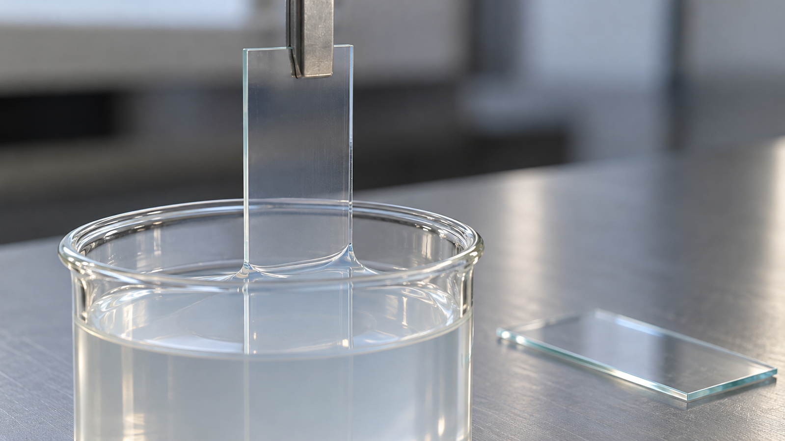 A glass slide held vertically by a clamp and drawn straight up from a beaker of clear sol, with a smooth meniscus where the slide leaves the liquid and a second slide carrying a thin glassy oxide film lying flat on the bench beside the beaker