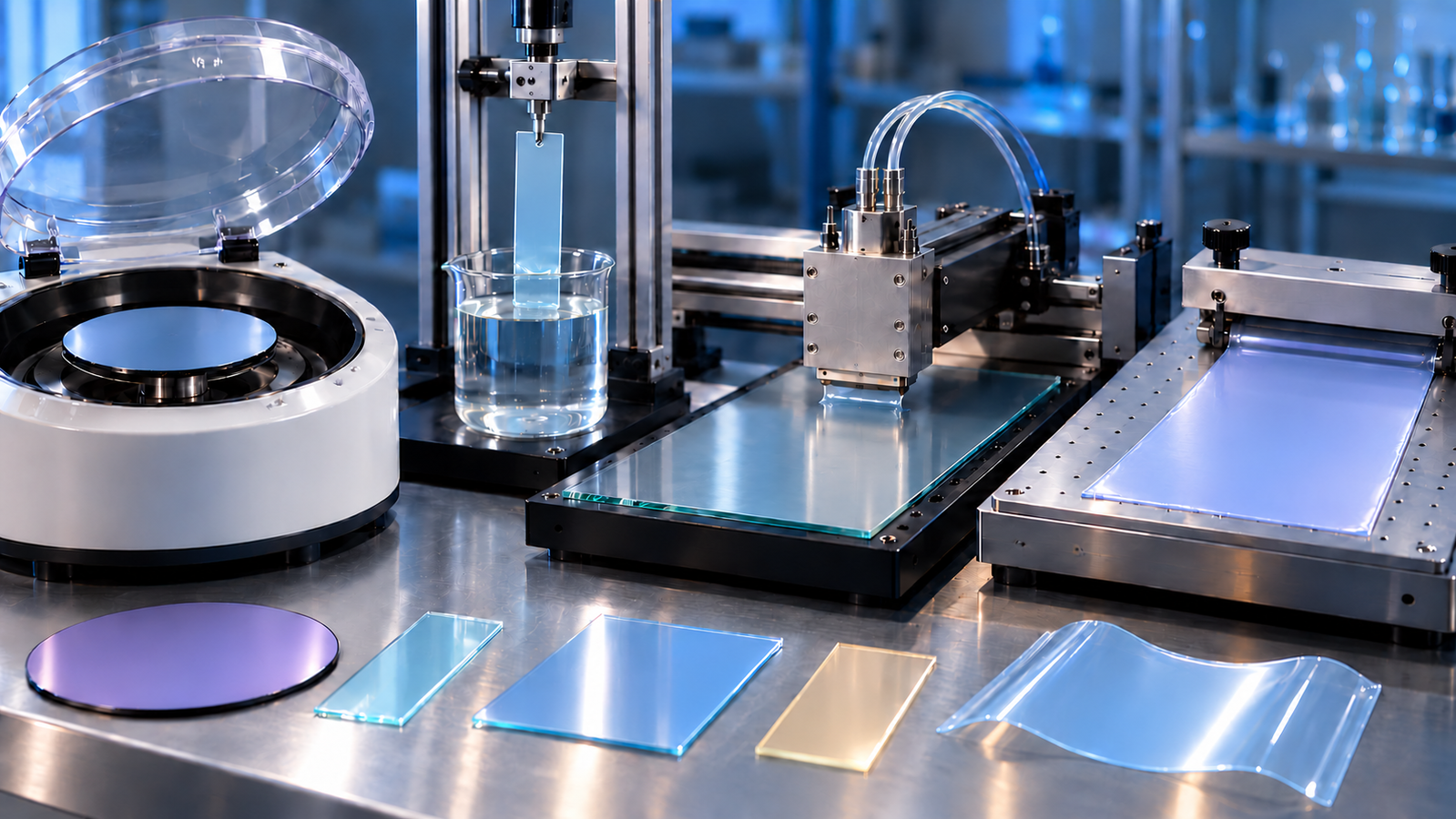 A spin coater, a dip coater, a slot-die coater and a blade coater (film applicator) on a laboratory bench, with coated silicon wafers, glass slides and a flexible film in front