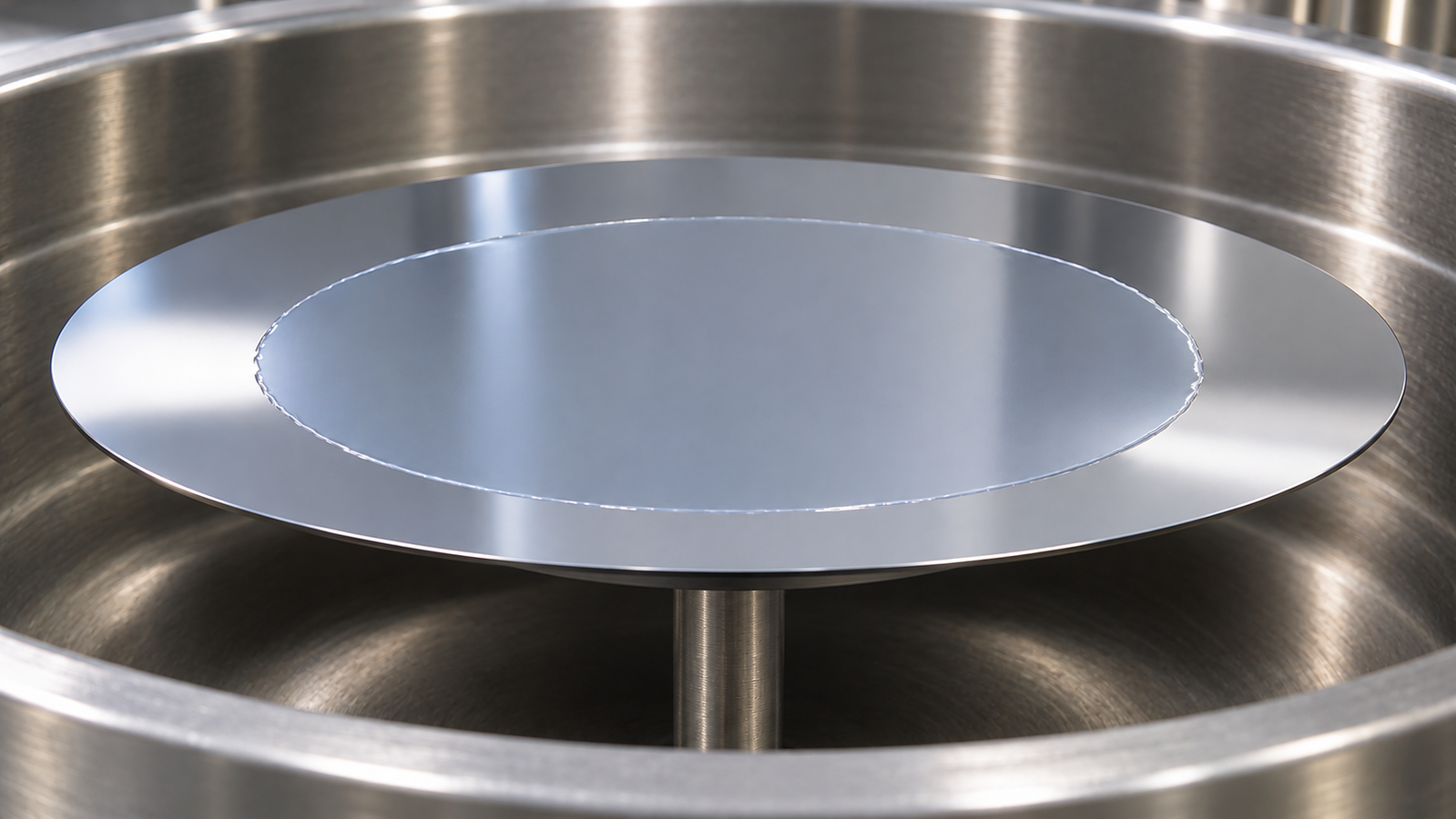 Illustration of spreading during spin-up: a thin liquid film spreading outward from the centre of a silicon wafer held on a smaller vacuum chuck inside a spin coater bowl