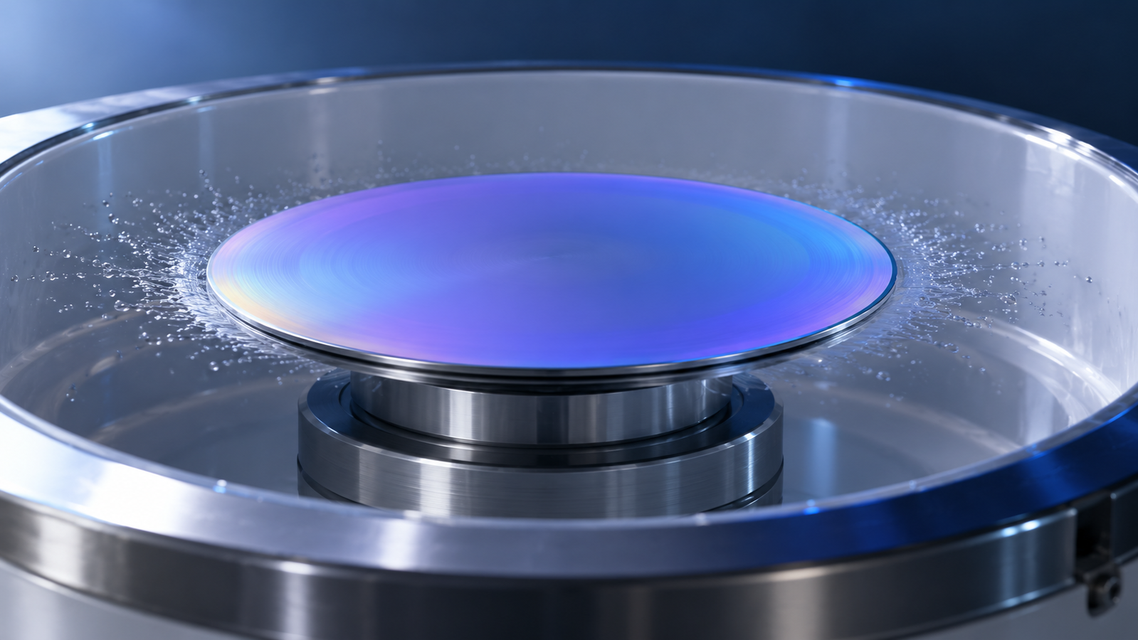 A silicon wafer spinning on a spin coater chuck, covered by a thin, even liquid film, with fine droplets thrown off its edge