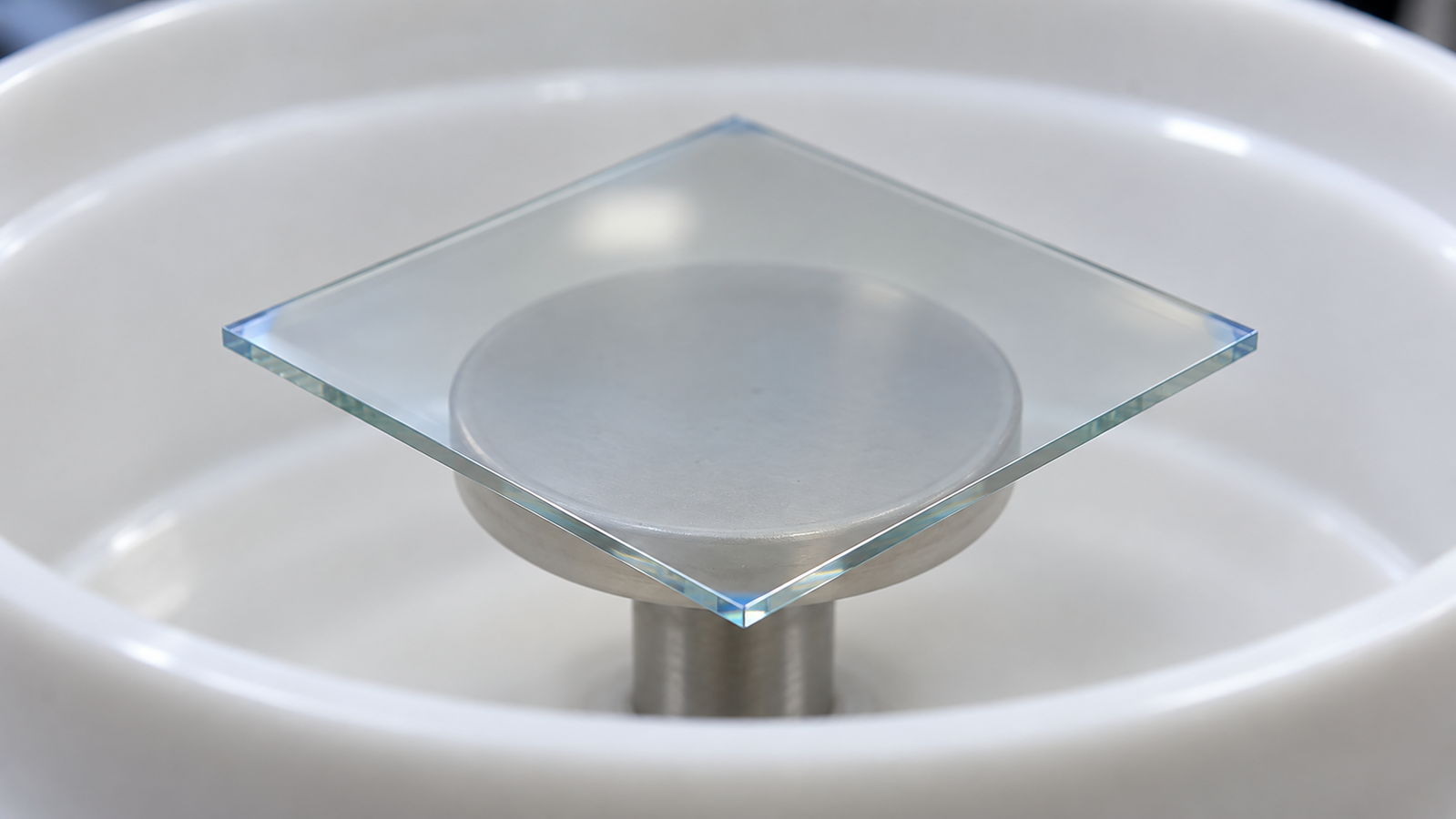 Square glass substrate with a uniform coating, centred on the round vacuum chuck of a spin coater, with the corners extending beyond the chuck