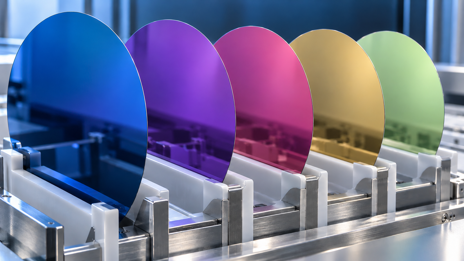 A row of coated silicon wafers with different uniform interference colours, illustrating films produced at different spin speeds