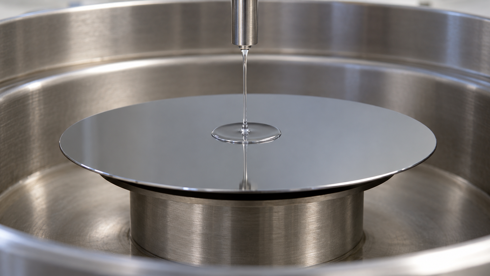 A thin stream of clear coating solution falling onto the centre of a silicon wafer held on a smaller vacuum chuck inside a spin coater bowl